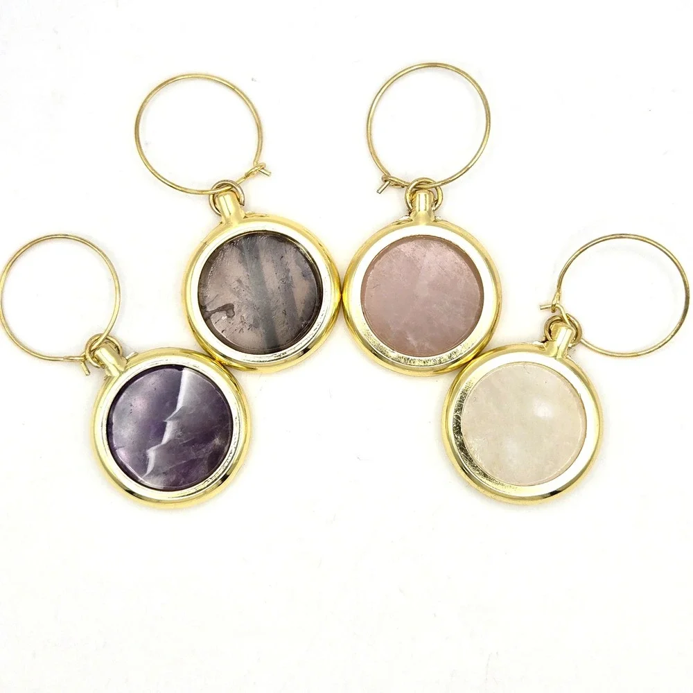 Set of 4 Gemstone Wine Glass Charms Gold Plated Amethyst Rose Quartz Labradorite